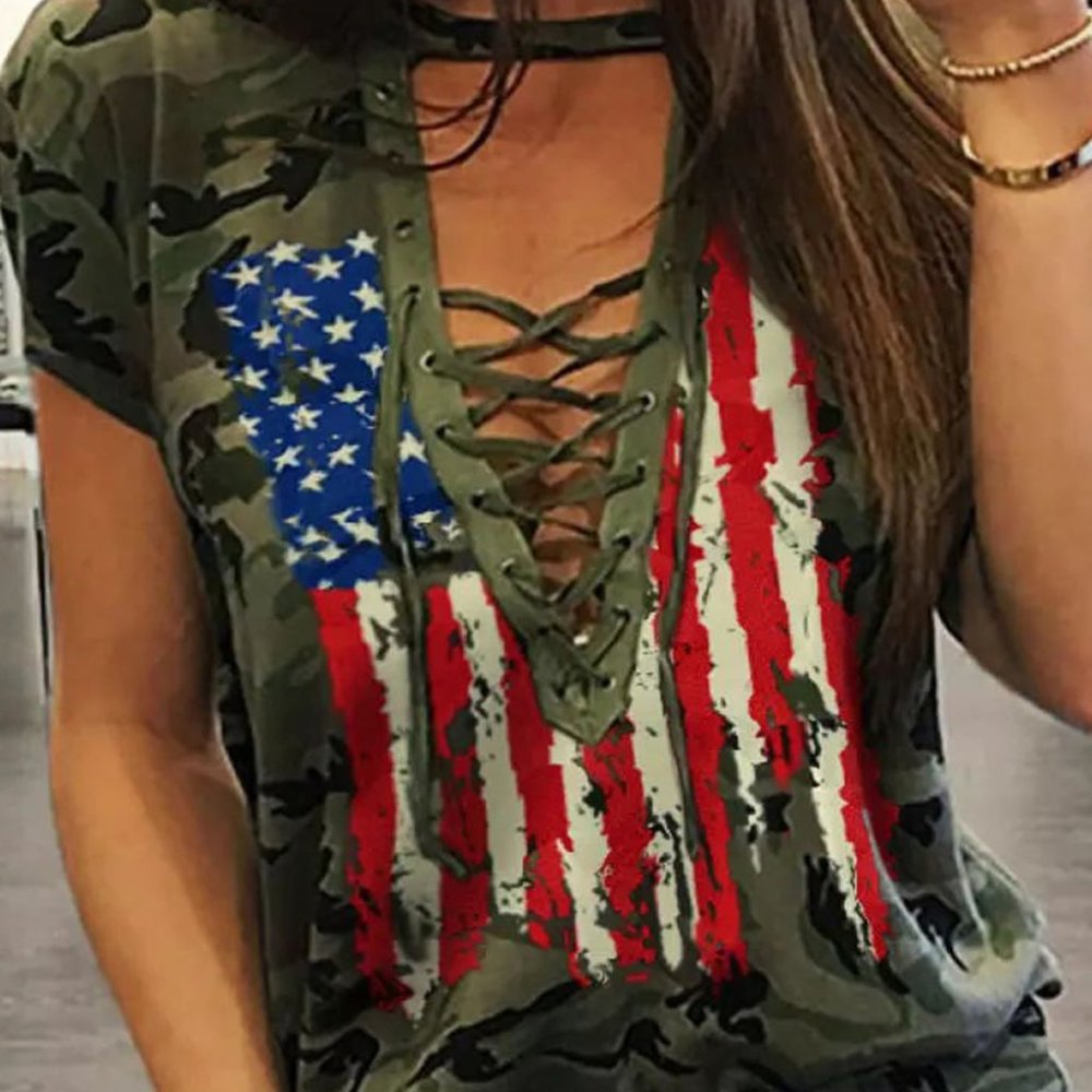 Green Camo American Flag Print Lace Up T-shirt
